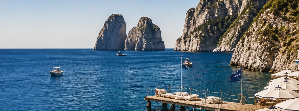 Mediterranean lido with parasols and a jetty into the sea