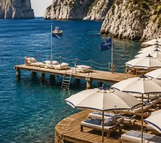 Beach club jetty and parasols
